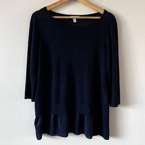 Eileen Fisher Linen Blend Ballet Neck Boxy Blouse Silk Trim Navy size medium